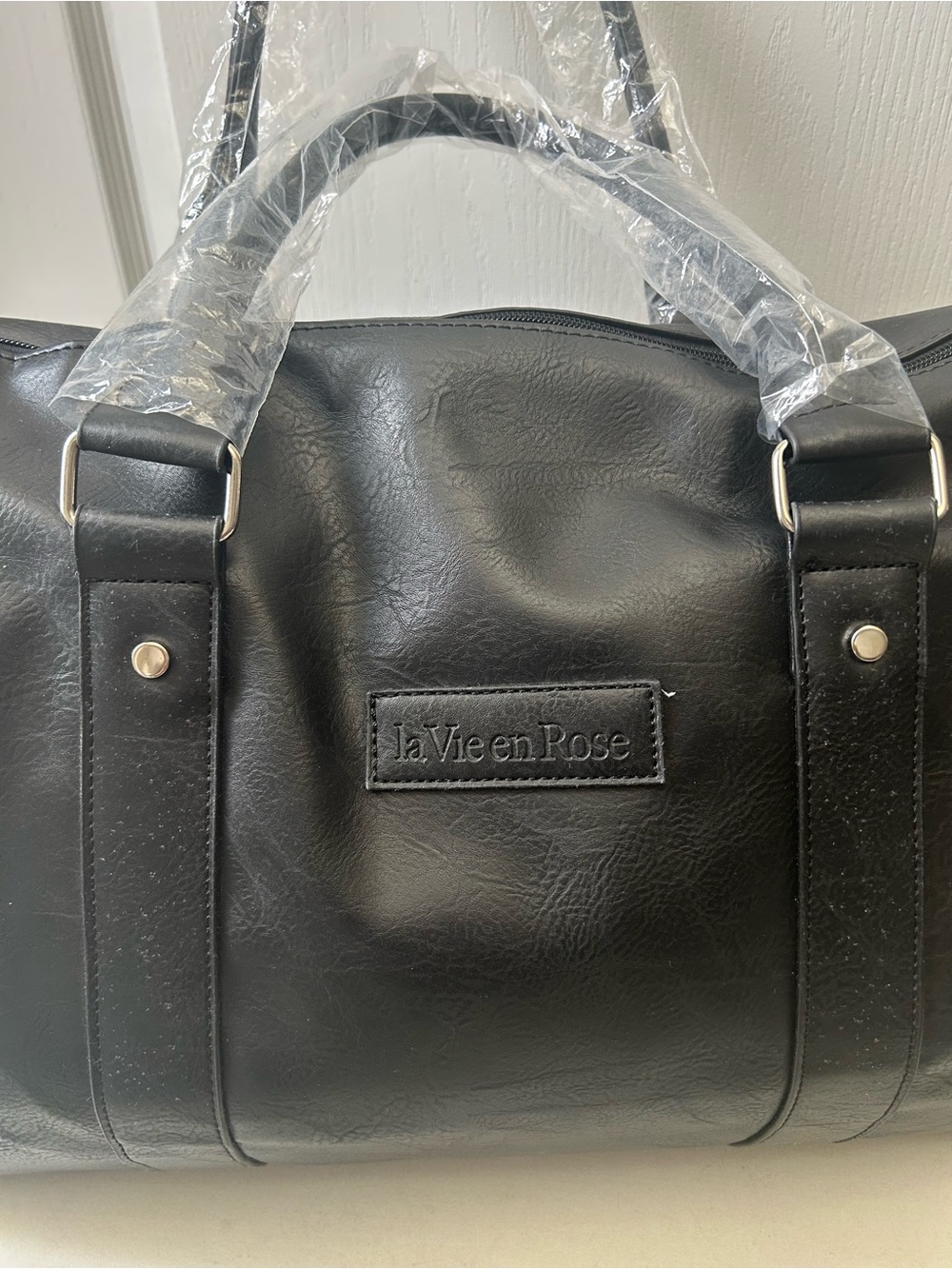 Black Faux Leather Weekender Bag Travel Duffel - Picture 6 of 10